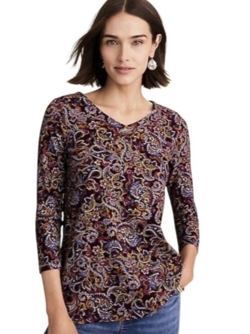 J.Jill Women's Long Sleeve Top M Boho Chic Comfort Focused Paisley Pima Cotton